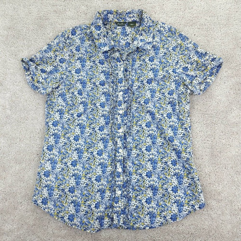 Eddie Bauer Shirt Women's Medium Blue Floral Button Front Short Sleeve Ruffle